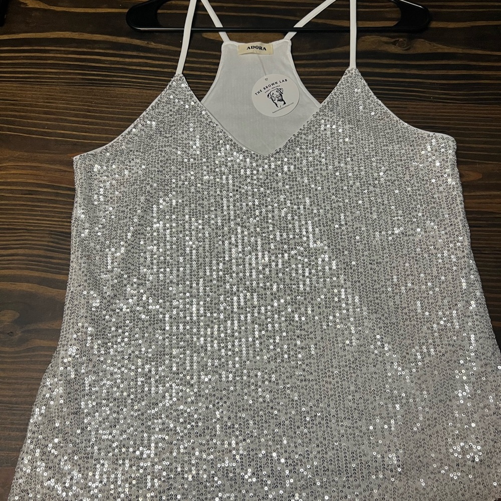 ADORA Silver Sequin Camisole Top with Spaghetti Straps